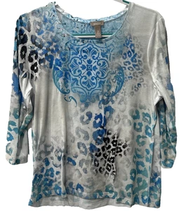 Top Chico's Eureka Harlow Manga 3/4 Estampado Poliéster Azul Surf Para Mujer 2 (12/L) - Imagen 1 de 14