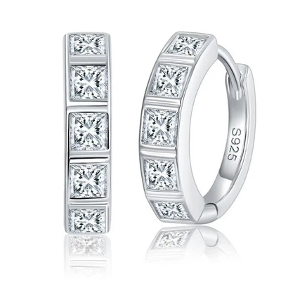 Full 2.5mm Princess Cut Moissanite Hoop Huggie Earrings 925 Sterling Silver GRA - Image 1 of 4