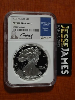 2000 P PROOF SILVER EAGLE NGC PF70 ULTRA CAMEO EDMUND MOY SIGNED BLUE LABEL - Image 1 of 3