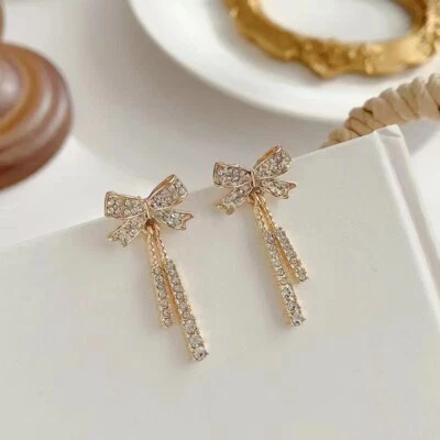 Preciosos pendientes de cristal de plata de ley 925 para mujer con lazo y borla bling Stud 1919 Foto 1 de 4