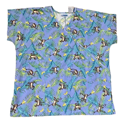 MHD Scrubs Monkey Print Nursing Medical Top Adult Medium Blue Uniform Pockets - Image 1 of 4