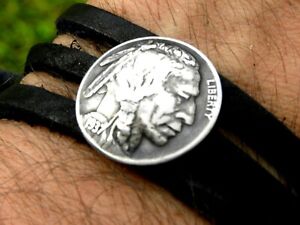 Genuine Buffalo Bison leather bracelet authentic Indian Nickel coin wrap bangle 