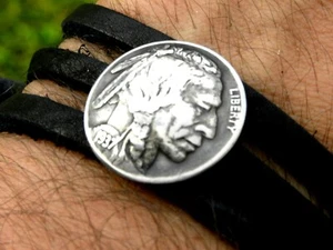 Brazalete de cuero genuino bisonte de búfalo auténtico brazalete envolvente de monedas de níquel indio - Imagen 1 de 7