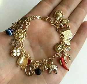 18K GOLD FILLED CHARM BRACELET LUCK,MONEY 7.25” LONG / PULSERA BUENA SUERTE- CB2 - Picture 1 of 5