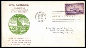 1938 IOWA centennial 100 years Sc 838-1c FDC with Espenshade cachet (03B - Picture 1 of 1