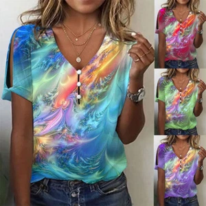 Damen-Sommeroberteil Bluse Übergröße Damen V-Ausschnitt Kurzärmelig T-Shirt 〒 - Picture 1 of 16