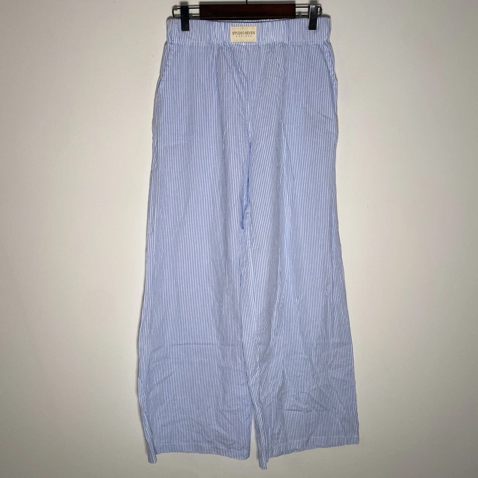 Pantalones de salón Studio Seven lila a rayas azules talla mediana 26x29 pierna ancha Foto 1 de 4