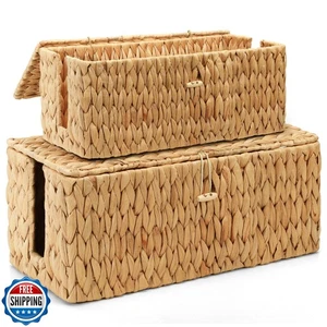 Posprica Cable Management Box with Lid, 2Pack Handwoven Real Water Hyacinth C - Picture 1 of 5