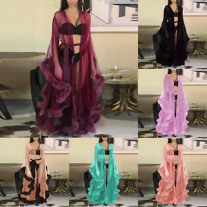 Sexy Women's Mesh Feather Sleepwear Night Gown Long Babydoll Dress Nightie Robe - Picture 1 of 32
