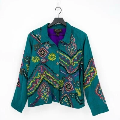 Chaqueta vintage Alex Kim para mujer XL adornada totalmente forrada verde azulado Foto 1 de 4