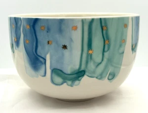Anthropologie Night Sky Bowl Stoneware Blue Teal Drip Watercolor Wash Gold Star - Picture 1 of 15