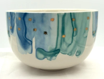 Anthropologie Night Sky Bowl Stoneware Blue Teal Drip Watercolor Wash Gold Star - Image 1 of 4