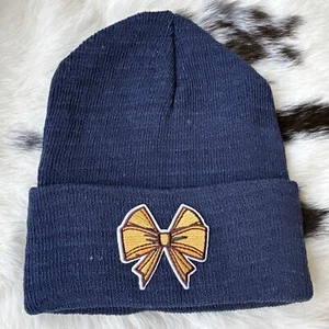 Girls Navy Blue Beanie W Adorable Yellow And Brown Bow - Picture 1 of 2