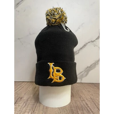 LB Beanie Pom Pom Knit Hat Black and Gold Embroidered Logo Winter Cap - Image 1 of 2
