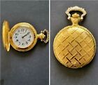 Vintage Milan Quartz Pocket Watch Brilliant Gold Tone Cross Hatch Pattern 