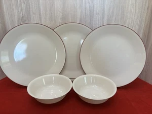 Corelle unbekanntes Muster creme Sandstein roter Rand 3 Teller 2 cremefarbene Müslischalen - Bild 1 von 8