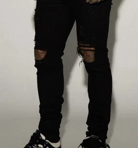 MNML mens designer Black Jeans Regular Fit Embroidered - Picture 1 of 5