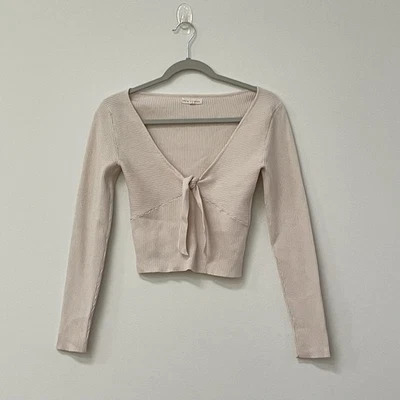 Лос-Анджелес Сердца румяна розовый ребристый длинным рукавом бант укороченный Топ женщин Sz S хлопок - Изображение 1 из 4