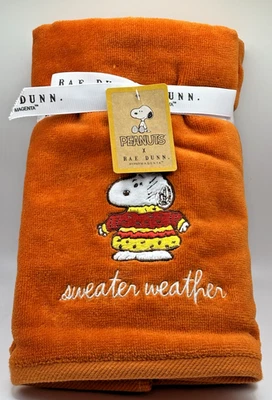 RAE DUNN Peanuts Snoopy Hand Towels SWEATER WEATHER Orange - Set of 2 NWT - Image 1 of 4