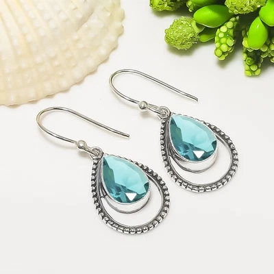 Pendiente bohemio delicado de plata esterlina 925 maciza con piedras preciosas de turmalina verde azulado V7530 Foto 1 de 4