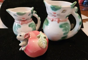 Vintage Lot Cottage Shabby Sweet Kitty Cat Creamers & Toothpick Mouse Ceramic - Picture 1 of 13