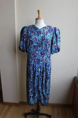Vestido Vintage Nordstrom Punto de Vista Años 80 Azul Seda Púrpura Manga Abullonada 14 Foto 1 de 4