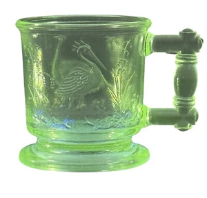 VTG Degenhart Clear Art Glass Stork & Peacock Childs Mug Cup Glows HTF - Picture 1 of 11