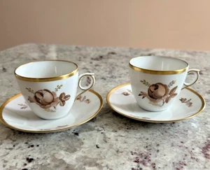 2 ROYAL COPENHAGEN BROWN ROSE CUPS & SAUCERS 2 1/2" TALL - Picture 1 of 5