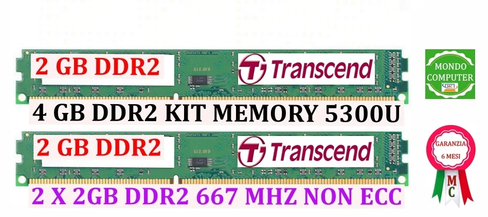 4 GB DDR2 (2 X 2GB) KIT MEMORIA / RAM PC2 5300 667MHz BASSO PROFILO TRANSCEND - Immagine 1 di 1