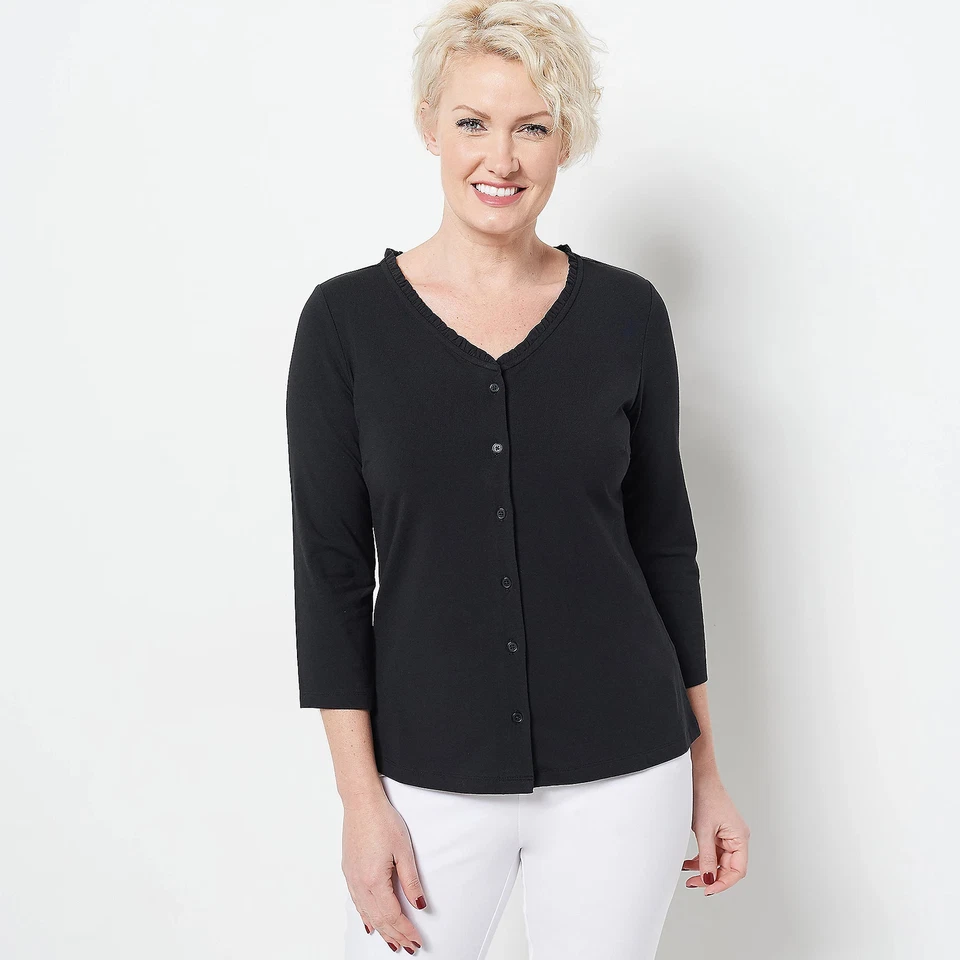 Isaac Mizrahi Live! Размер M кнопка спереди вязаный топ с оборками шеи черный A485784 - Изображение 1 из 1