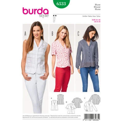 BURDA 6533 BLOUSES MISSES' Sewing Pattern Sizes 8 - 20 Skill: EASY - Image 1 of 4