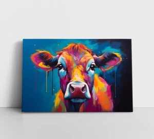 Cute Cow Calf Colorful Oil Painting Print Framed Canvas Wall Art Ranch Decor - Picture 1 of 12
