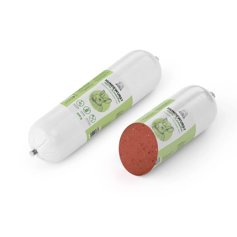 HAUSTIER-SCHLARAFFENLAND Hundewurst Kaninchen - 200 g - Pures Fleisch - Urlaubs-BARF - Monoprotein