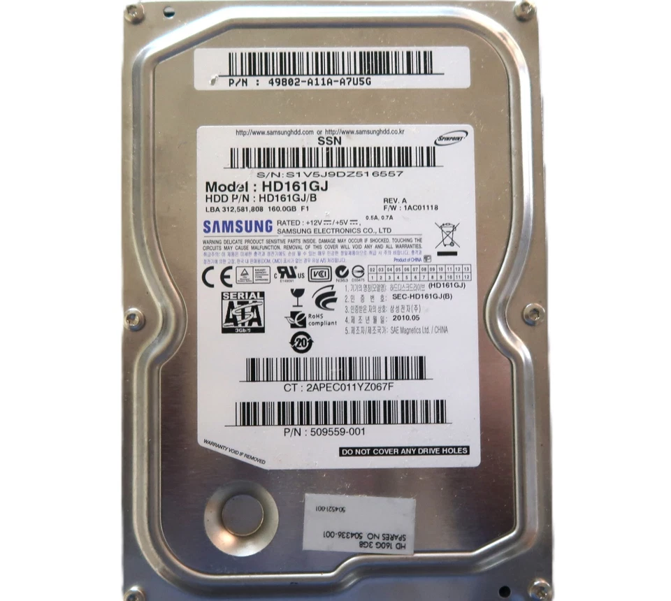 Samsung HD161GJ (HD161GJ/B) 1AC01118 RevA SSN 49802-A11A-A7U5G 160gb 2010.05 - Image 1 of 1