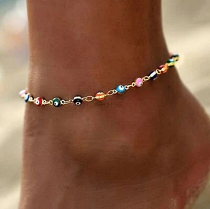 Evil Eye Fußkettchen bunt Damen Mädchen 14K vergoldet Strand Fuß Fußkettchen Armband - Bild 1 von 4