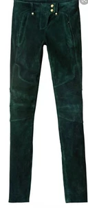 BALMAIN x H&M Womens Dark-Green Suede Biker Skinny Gold-Button Pants US8/EUR38 - Picture 1 of 7