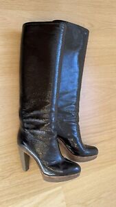 Rare Sergio Rossi Patent Leather Boots 8617 48331 Sz 37 Dark Brown