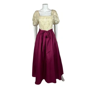 Vintage 70s Formal Dress Womens XS Burgundy Skirt Cream Lace Bodice Prom Gown - Picture 1 of 14