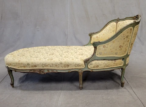 Antique French Louis XV Style Chaise Lounge With Brocade Upholstery Cover