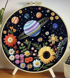 Embroidery Kit With Display hoop -Planets & Flowers Embroidery Kit 20cm Diameter - Picture 1 of 5