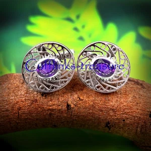 Natürlicher Amethyst Edelstein mit 925 Sterling Silber Manschettenknöpfe für Herren #7312 - Bild 1 von 6