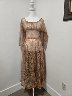 VESTIDO DE CÓCTEL VINTAGE AÑOS 50 MARRÓN ENCAJE ENTALLADO Y ACAMPANADO SIN FORRO Foto 1 de 4