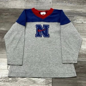 Vintage Nike Gray Blue Boys S Long Sleeve V-Neck Mini Swoosh Pullover T-Shirt - Picture 1 of 7