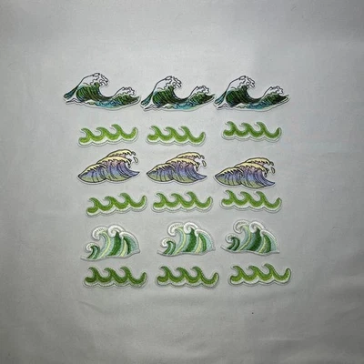 18 Pcs Green Waves Embroidered Iron/Sew On Patches Set for Clothes - Image 1 of 4