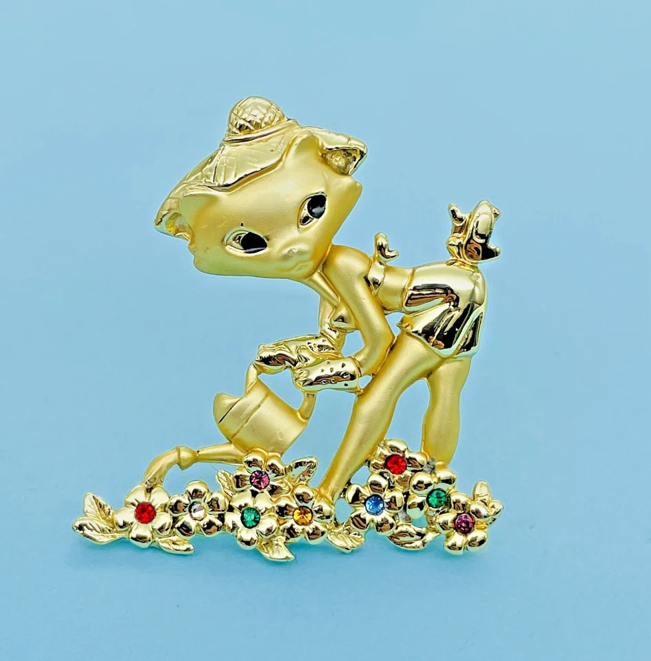 Cool Chicky Cat & Butterfly Brooch Watering Flowers Danecraft Pin - Image 1 of 4