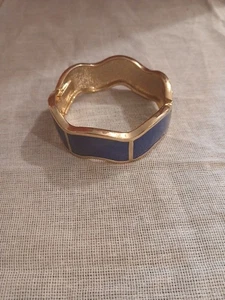 Vintage Blue Enamel and Gold Tone Bangle Bracelet, Hinged Stacking - Picture 1 of 2