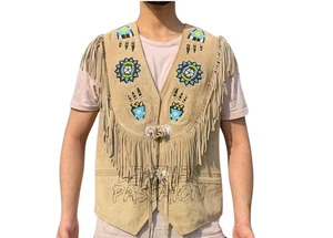 Gilet da uomo in pelle scamosciata western stile nativi americani - design frange perline - Foto 1 di 6