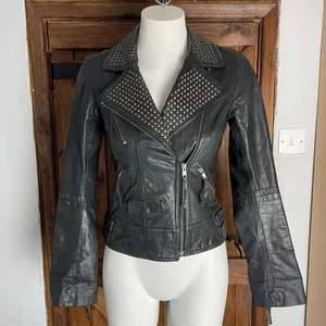 Giacca di pelle Allsaints donna nera con borchie biker Rocher UK 10 - Foto 1 di 13