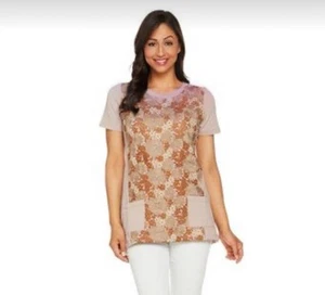 Logo Lounge By Lori Goldstein Crochet Embroidered Floral Top Shirt Pockets Sz L - Bild 1 von 7