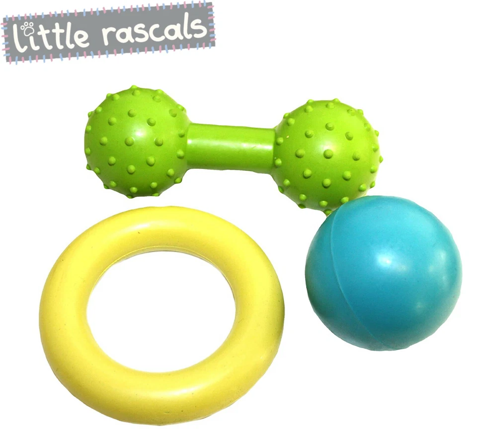 LITTLE RASCALS MULTI PACK 3 TOYS  RUBBER SMALL DOG PUPPY TOY DUMBBELL RING BALL - Image 1 of 1